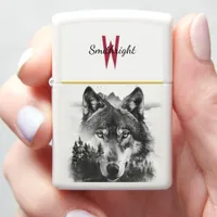 Wolf gazes through misty forest zippo lighter