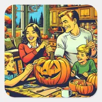 Happy Halloween Nostalgic Family Carving Pumpkins Square Sticker