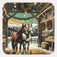 Merry Christmas Cartoon Horses Square Sticker