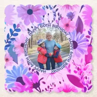 Mom 60th Birthday Pink And Blue Floral Photo Paper Coaster