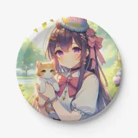 Pretty Anime Holding Kitten Girl's Birthday Paper Plates