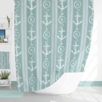 Nautical Turquoise White Anchor Rope Monogram Show Shower Curtain