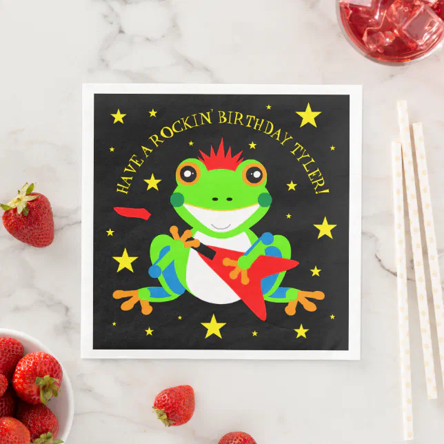 Rockin' Birthday Tree Frog with Red Guitar Paper Dinner Napkins