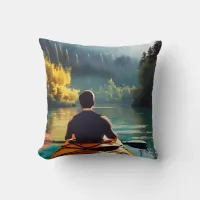 Man Kayaking on a lake surrounded by Trees  Throw Pillow