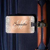 Silver Glitter Peach Foil Fancy Monogram Luggage Tag