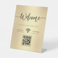 Elegant Welcome Script WIFI QR Code Metallic Gold Pedestal Sign