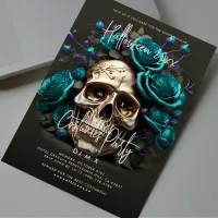 Halloween Costume Party Skull Teal Blue Modern Invitation