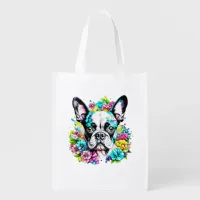 Ai Boston Terrier surrounded by Flowers Grocery Bag