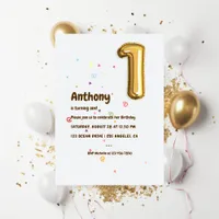 Gold Foil Balloon and Confetti 1st Birthday Photo Invitation