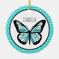 Teal Butterfly Polka Dots Personalized Christmas Ceramic Ornament