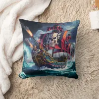 Pirate Ship Sailing Through Stormy Seas at Dusk Throw Pillow