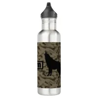 Modern Brown Camo Black Wolf Silhouette Monogram | Stainless Steel Water Bottle