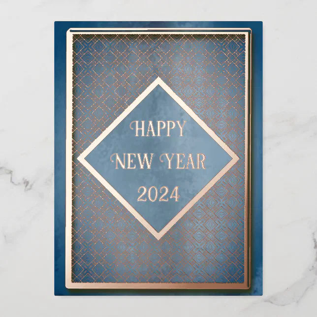 Happy new year 2024 pink pattern and frame foil holiday postcard