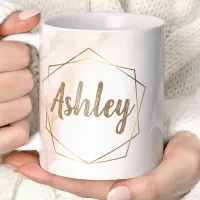 Custom Pink Marble and Gold Geometric Name Coffee Mug