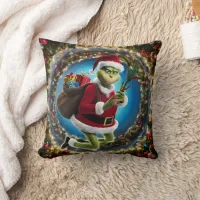 The Grinch sneaks gifts through a festive portal Throw Pillow