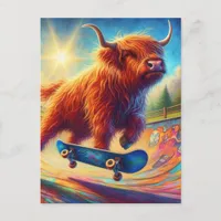 Colorful Scottish Highland Cow Skateboarding Postcard