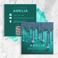 Fancy Chic Glam Teal Green Paint Drip Hair Makeup Square Business Card