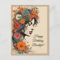 Retro Girl with Flowers in her hair Postcard