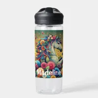 Pretty Whimsical Horse in Colorful Flowers Water Bottle