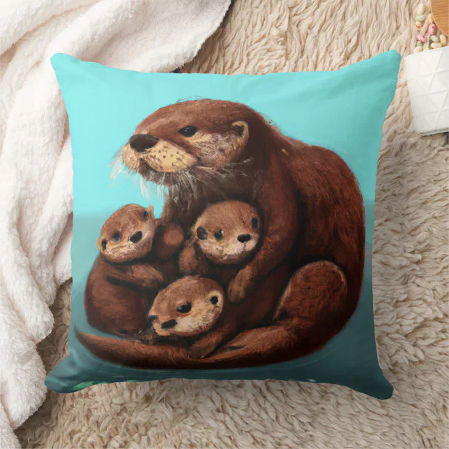 Cute Sea Otter Family in the Water Throw Pillow