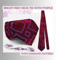 Red Neck Tie with Purple Diamond Pattern