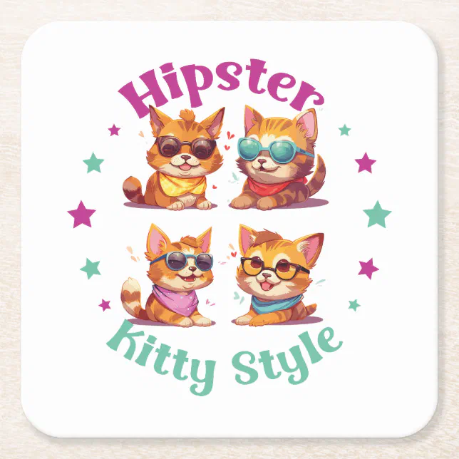Kitty Hipster Style Square Paper Coaster