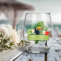 Watercolor Tropical w/Toucan Wedding ID577 Stemless Wine Glass