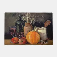 Autumn Decorations on Table, Pumpkin, Fruit, Drink Doormat