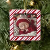 New Parent Baby's First Christmas Photo Peppermint Ceramic Ornament