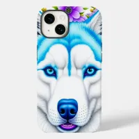 Pretty Husky with Blue Eyes and Whimsical Flowers Case-Mate iPhone 14 Case