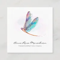 *~* Pastel Blue Watercolor Pink Dragonfly Business Square Business Card