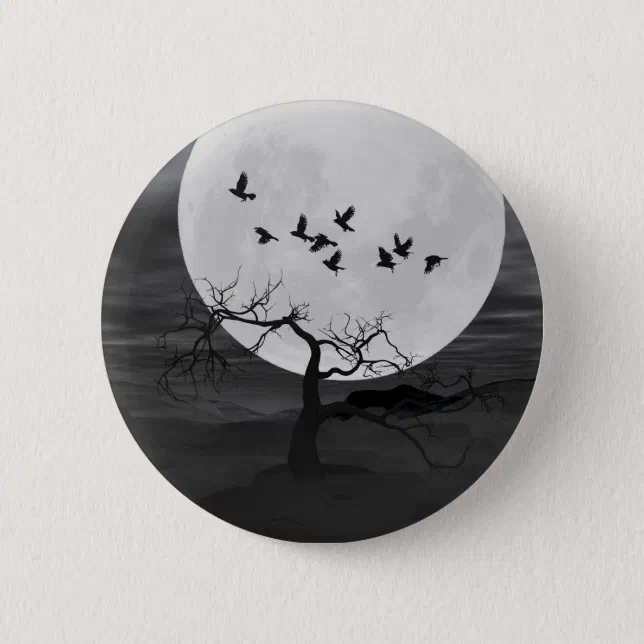 Spooky Ravens Flying Against the Full Moon Pinback Button
