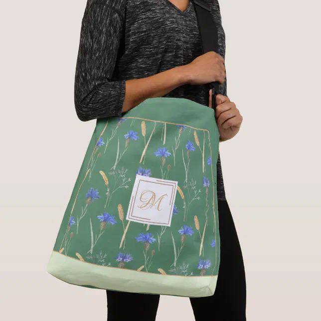 Green Floral Wildflower Customized Monogram Crossbody Bag