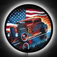 Vintage hot rod racing down a patriotic highway LED sign