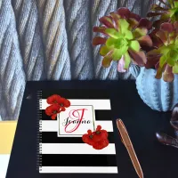 Red Poppies on Black & White Striped Background Planner
