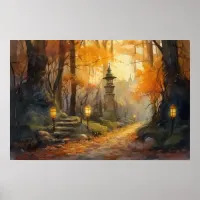 Watercolor winding path through fall woods at dusk Poster