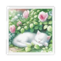 Sweet White Kitten Napping under a Rose Bush Acrylic Tray