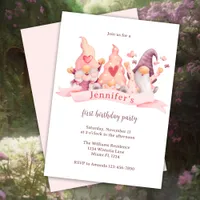 Cute Gnome Pink First Birthday Party Invitation