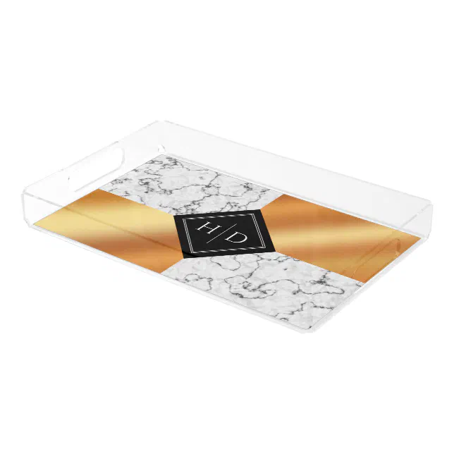 Elegant Marble & Copper Foil Monogram Wedding Acrylic Tray