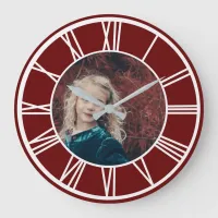 White Roman Numeral Border Dark Red Photo Round Large Clock