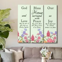 God Bless Our Home Floral Wildflowers Green Triptych