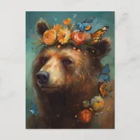 Bear in flowers and butterflies  postcard