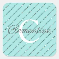 Girly Teal Turquoise Glitter Stripes Monogram Square Sticker