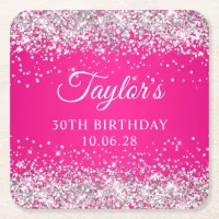 Silver Glitter Hot Pink 30th Birthday Square Paper Coaster