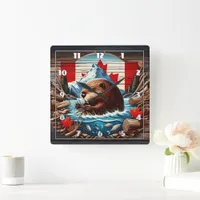 Canadian Beaver Building a Dam in Autumn River Square Wall Clock