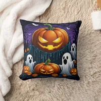 Ghosts gather by glowing pumpkins at night throw pillow