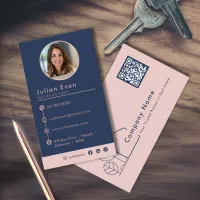 Modern Photo House Logo Blush Navy Blue Realtor Business Card