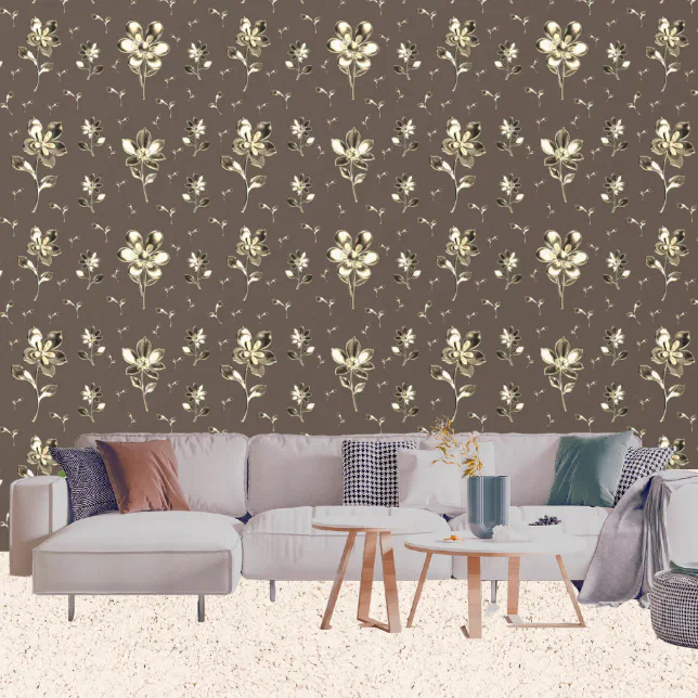 Modern Gold And Bronze Metallic Flowers Brown Wallpaper