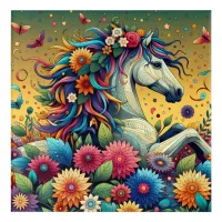 Pretty Whimsical Colorful Flowers and White Horse Acrylic Print