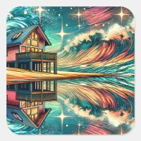 Log Cabin on the Beach Ai Art Square Sticker